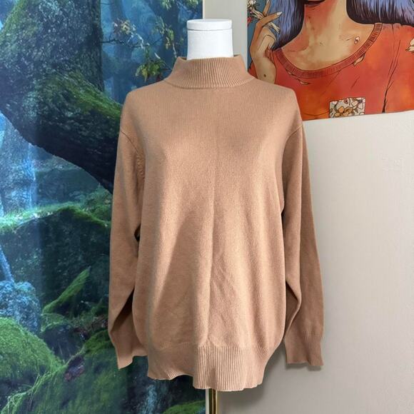 camel cashmere mock neck sweater minimalist neutral knit - Picture 1 of 6